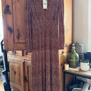 Mango Long Sleeve Brown Patterned Dress